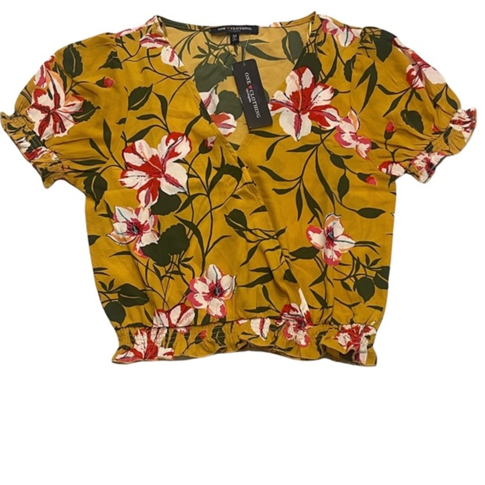 NWT ONE CLOTHING Yellow Floral Faux Wrap V-Neck Lightweight Pullover Blouse